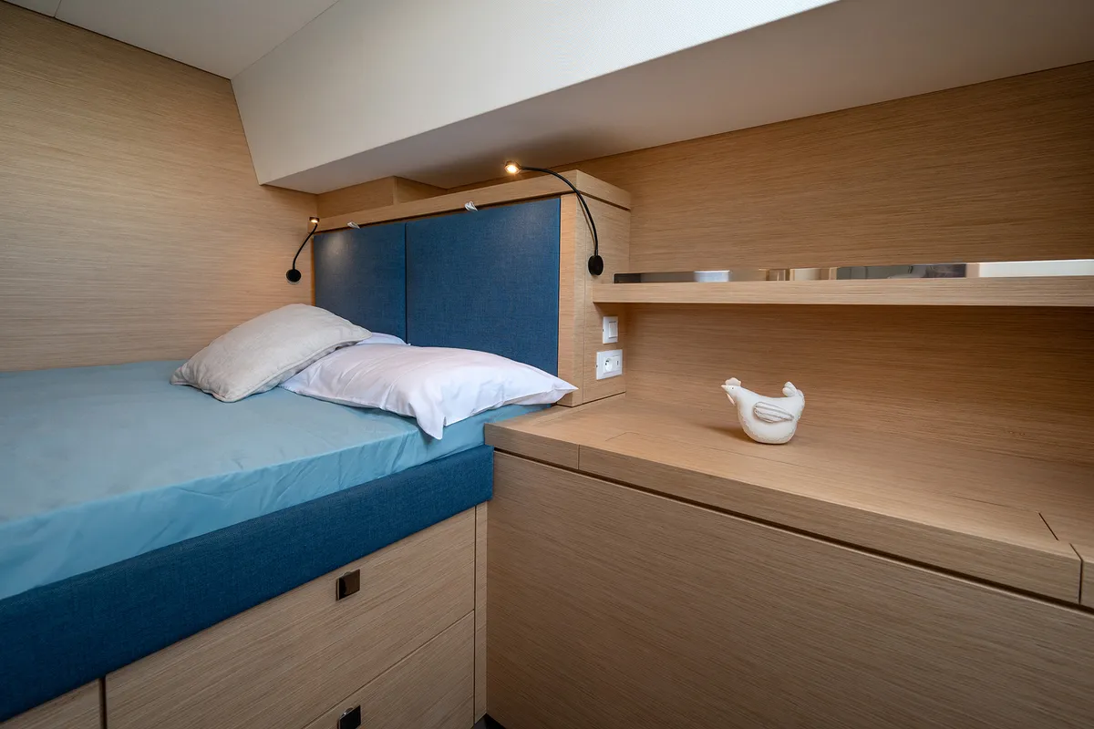Cabin on Calypso, a Fountaine Pajot Tanna 47 catamaran at Cannigione, Italy
