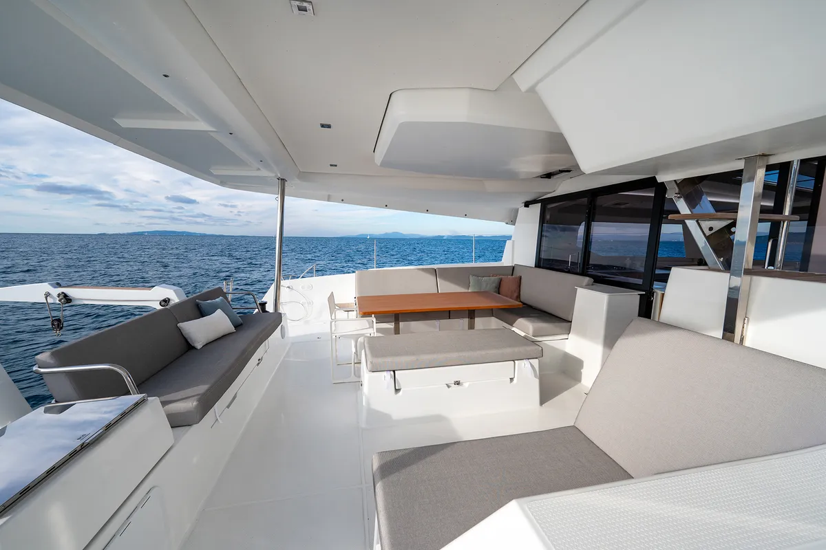 Deck of Calypso, a Fountaine Pajot Tanna 47 catamaran at Cannigione, Italy