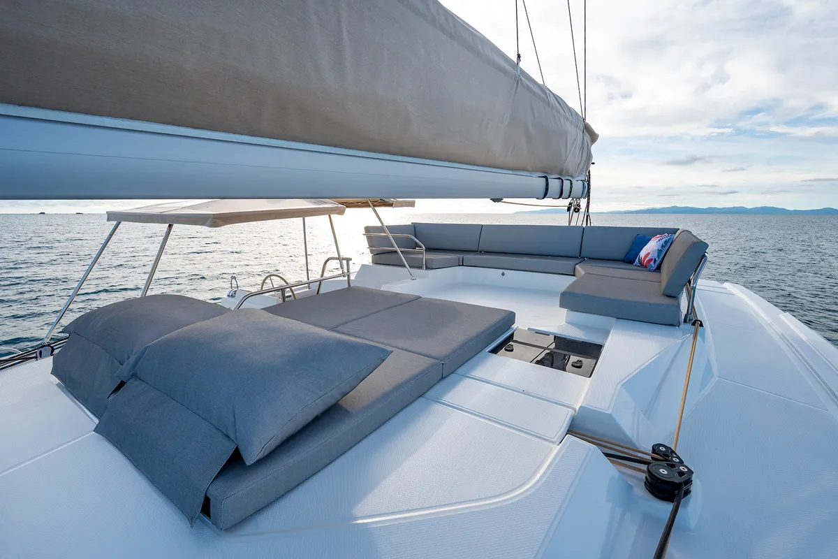 Deck of Calypso, a Fountaine Pajot Tanna 47 catamaran at Cannigione, Italy