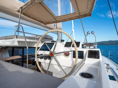 Cockpit of Calypso, a Fountaine Pajot Tanna 47 catamaran at Cannigione, Italy