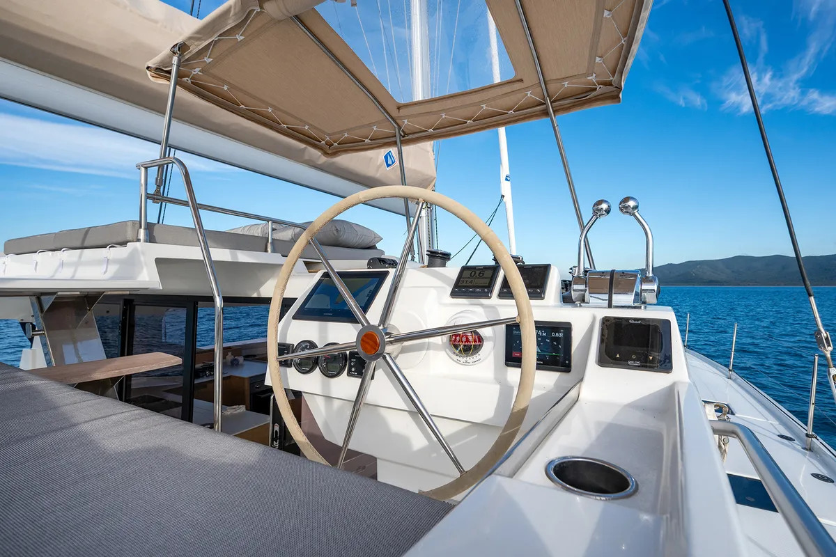 Cockpit of Calypso, a Fountaine Pajot Tanna 47 catamaran at Cannigione, Italy