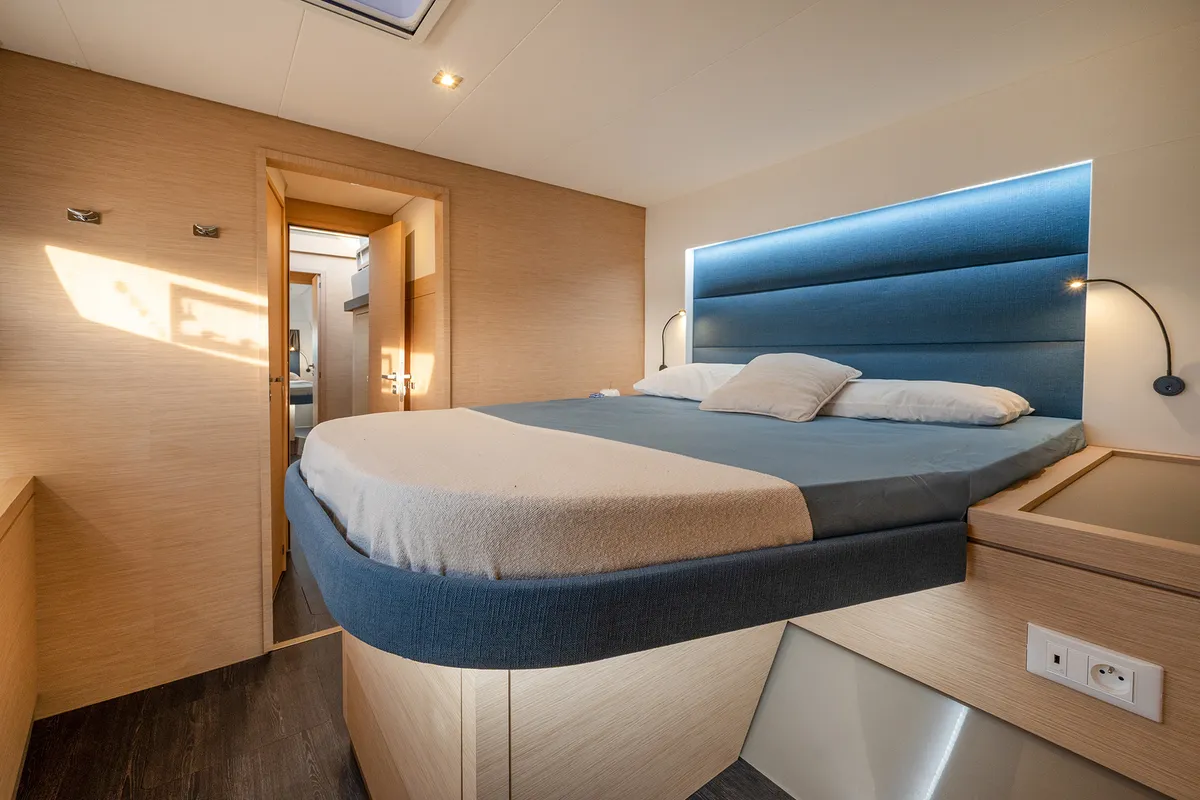 Cabin on Calypso, a Fountaine Pajot Tanna 47 catamaran at Cannigione, Italy