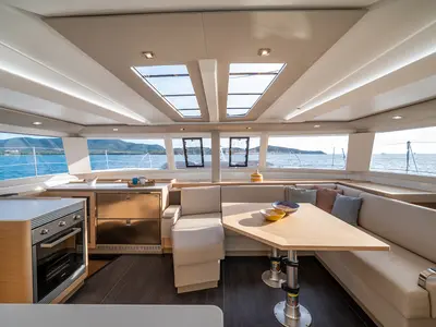 Salon of Calypso, a Fountaine Pajot Tanna 47 catamaran at Cannigione, Italy