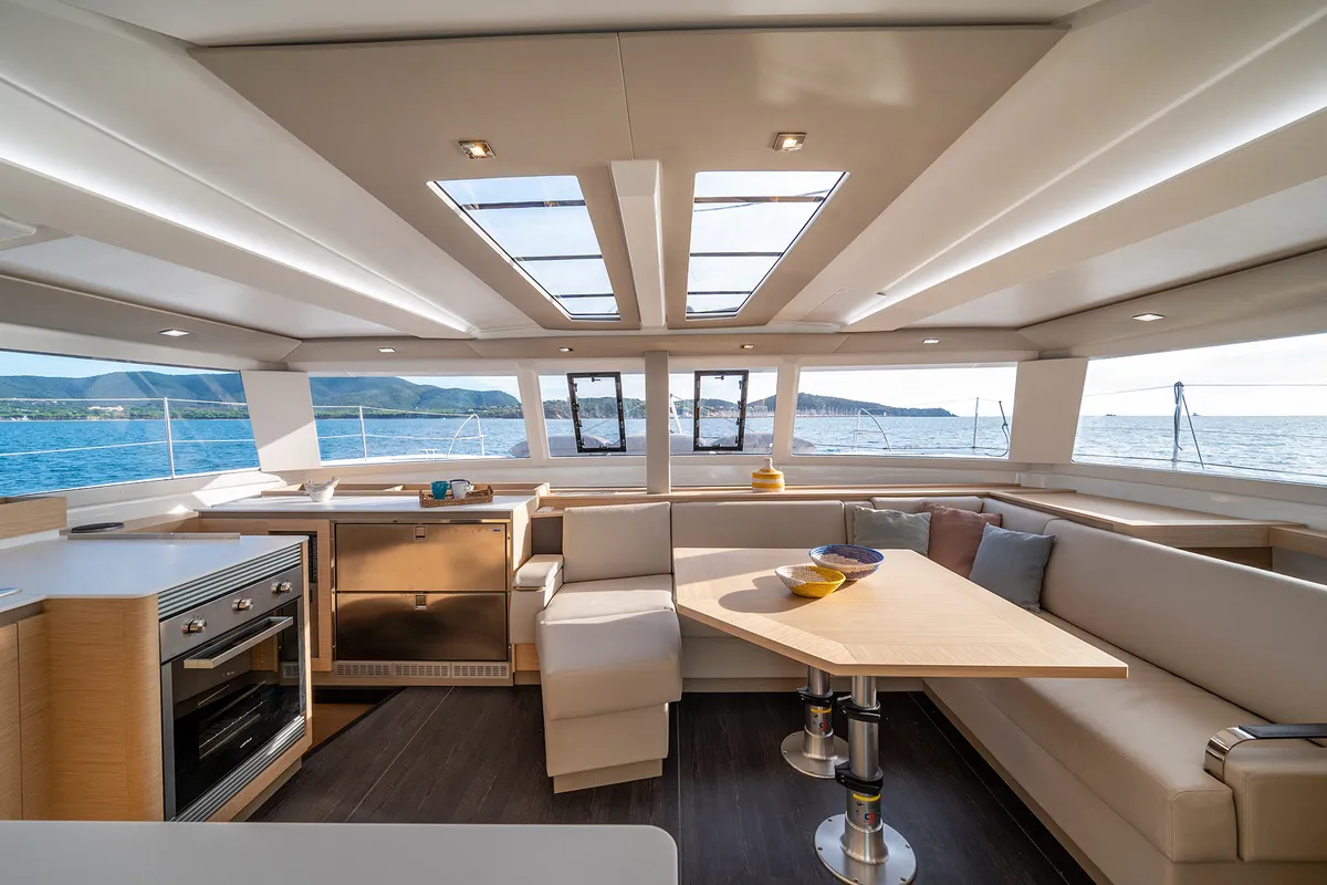 Salon of Calypso, a Fountaine Pajot Tanna 47 catamaran at Cannigione, Italy