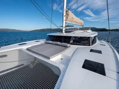 Deck of Calypso, a Fountaine Pajot Tanna 47 catamaran at Cannigione, Italy