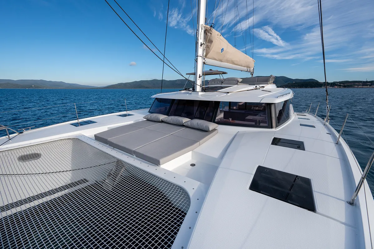 Deck of Calypso, a Fountaine Pajot Tanna 47 catamaran at Cannigione, Italy