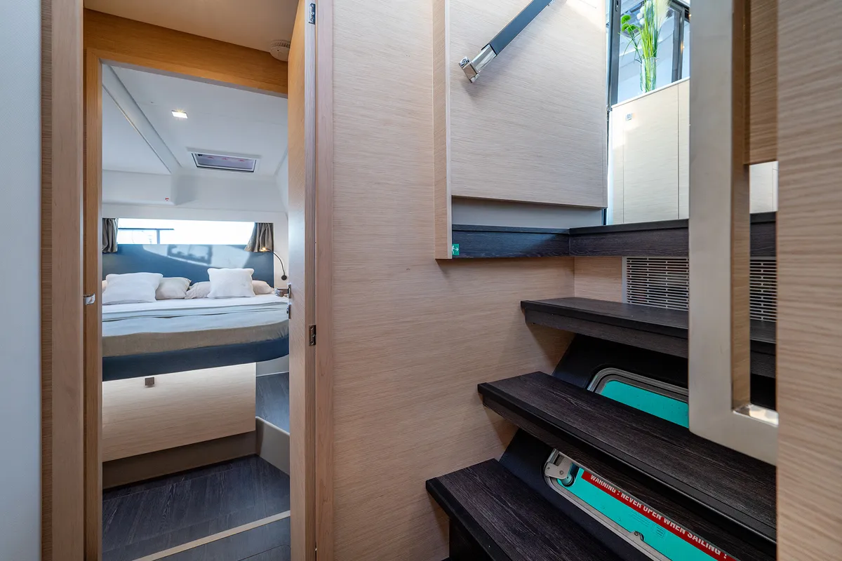 Cabin on Calypso, a Fountaine Pajot Tanna 47 catamaran at Cannigione, Italy