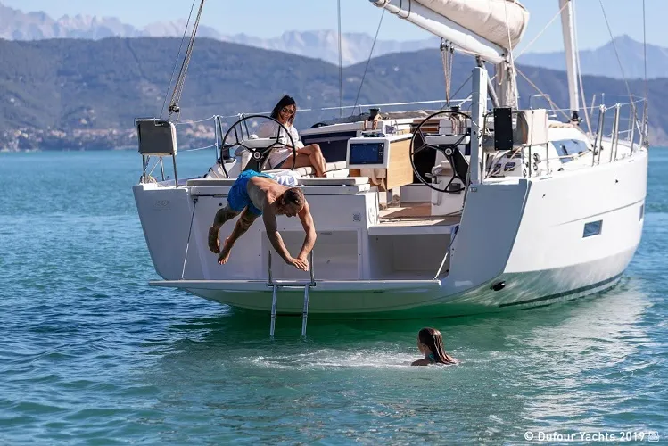 Exterior view of Sandra, a Dufour 430 GL sailboat at Marmaris, Turkey
