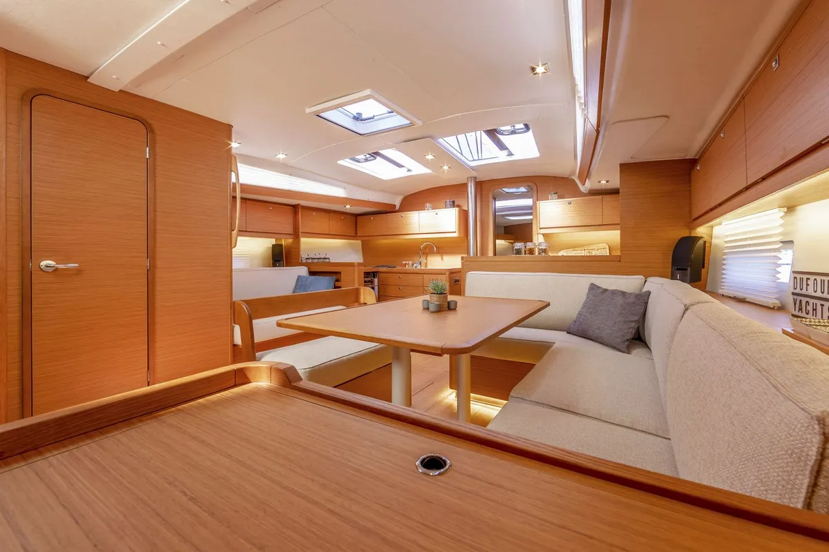 Salon of Sandra, a Dufour 430 GL sailboat at Marmaris, Turkey