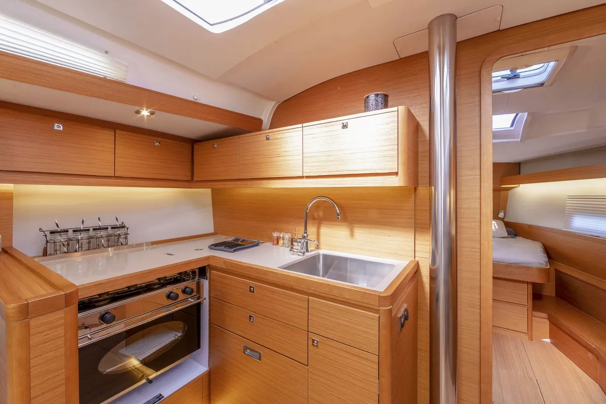 Galley of Sandra, a Dufour 430 GL sailboat at Marmaris, Turkey