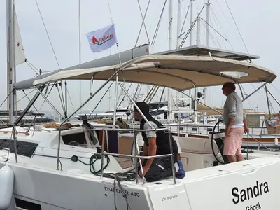Deck of Sandra, a Dufour 430 GL sailboat at Marmaris, Turkey