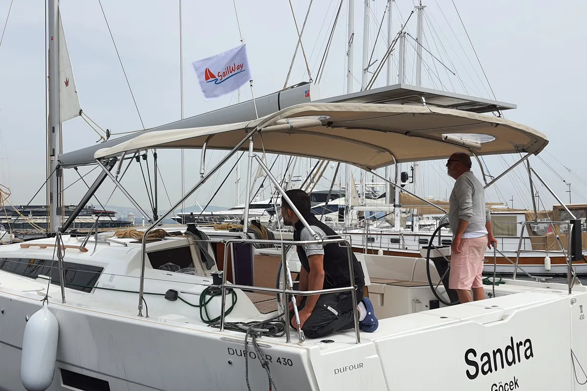 Deck of Sandra, a Dufour 430 GL sailboat at Marmaris, Turkey