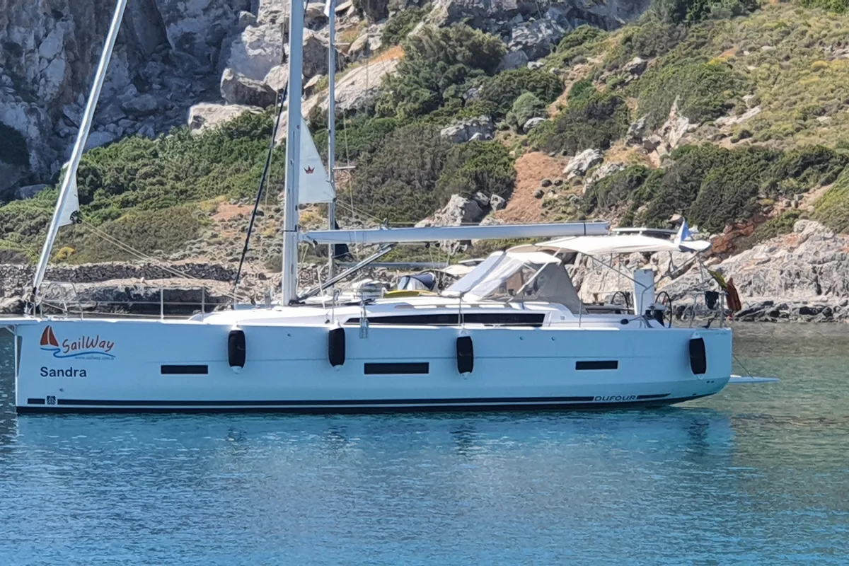 Exterior view of Sandra, a Dufour 430 GL sailboat at Marmaris, Turkey