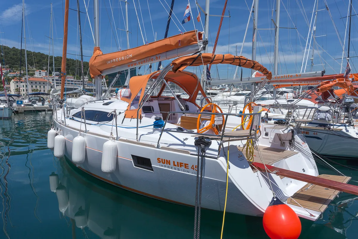 Exterior view of Lion, a Elan Impression 45 sailboat at Split, Croatia