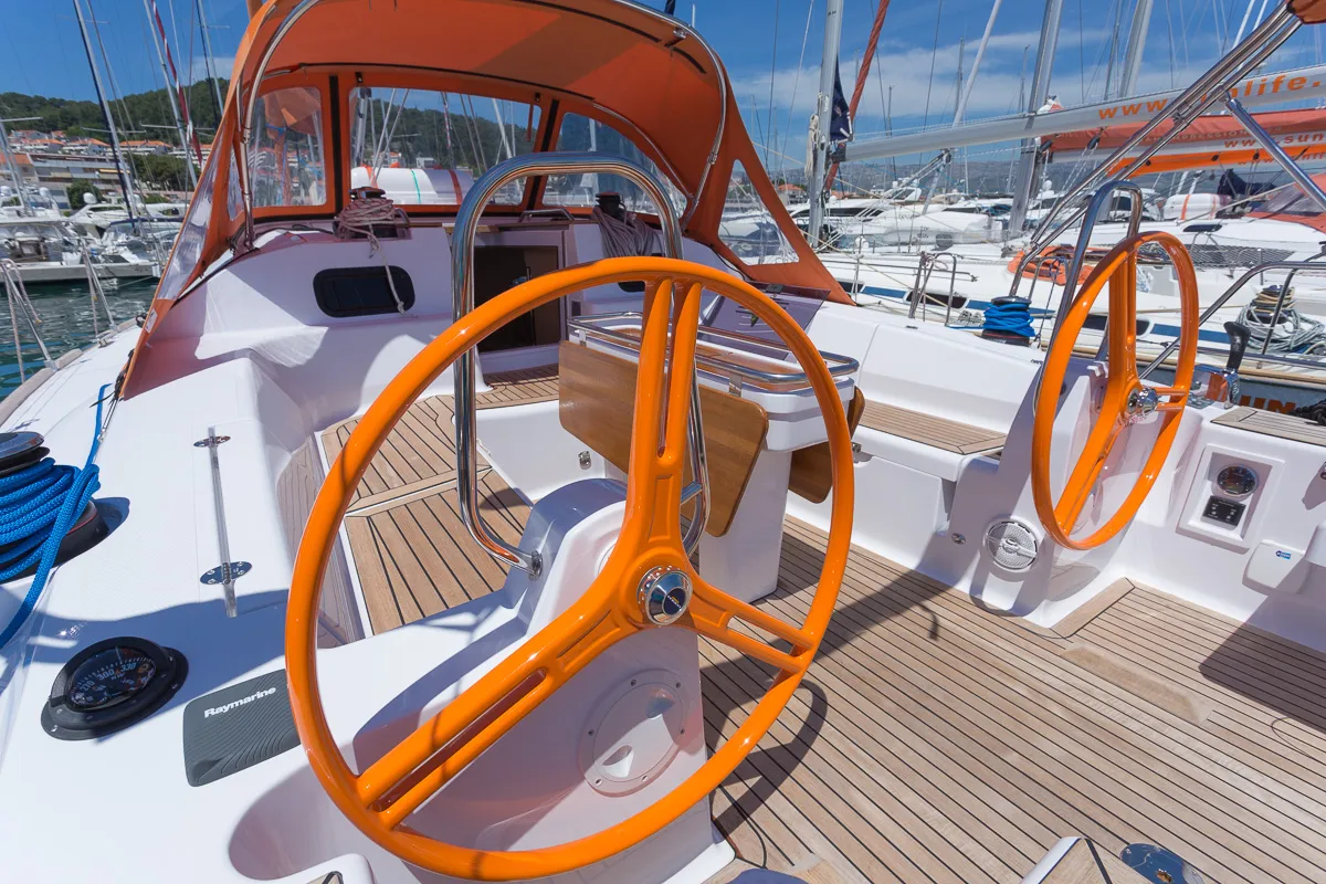 Cockpit of Lion, a Elan Impression 45 sailboat at Split, Croatia