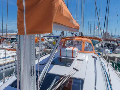 Deck of Lion, a Elan Impression 45 sailboat at Split, Croatia