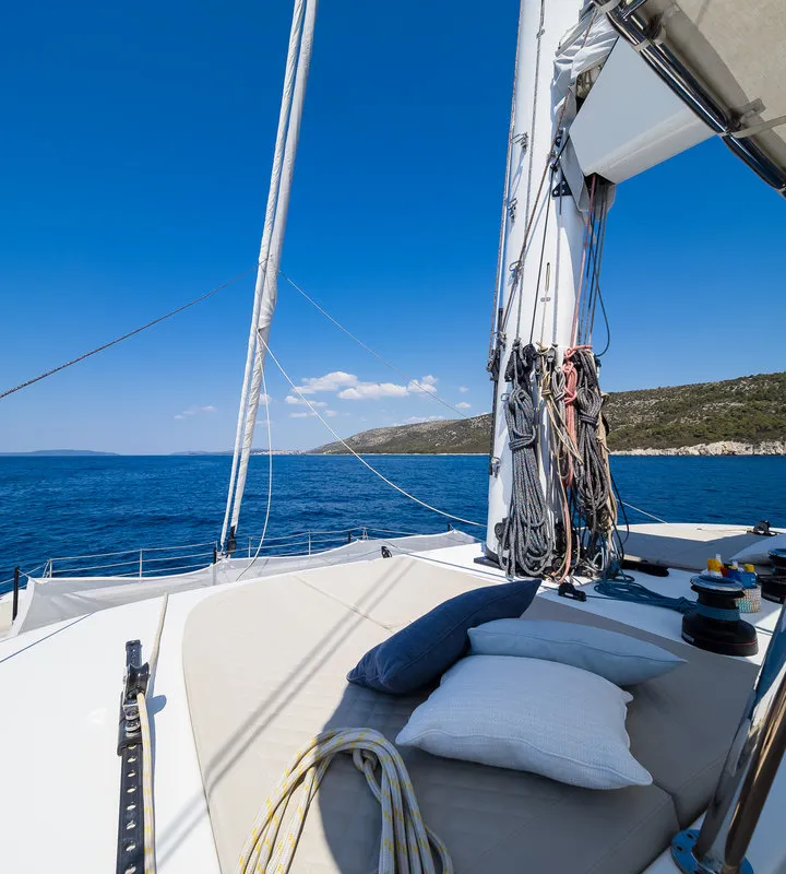 Deck of Solitaire, a Sunreef 50 catamaran at Grad Kaštela, Croatia