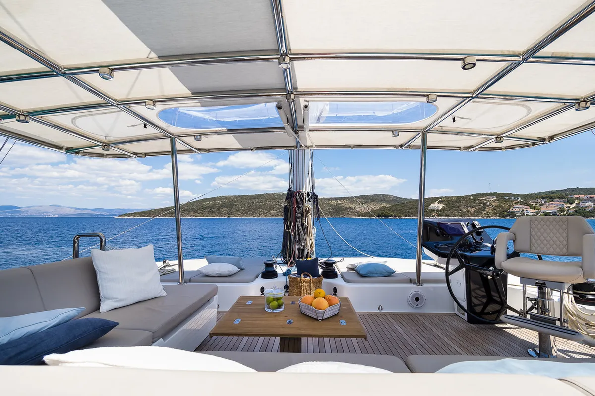 Deck of Solitaire, a Sunreef 50 catamaran at Grad Kaštela, Croatia