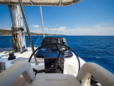 Cockpit of Solitaire, a Sunreef 50 catamaran at Grad Kaštela, Croatia