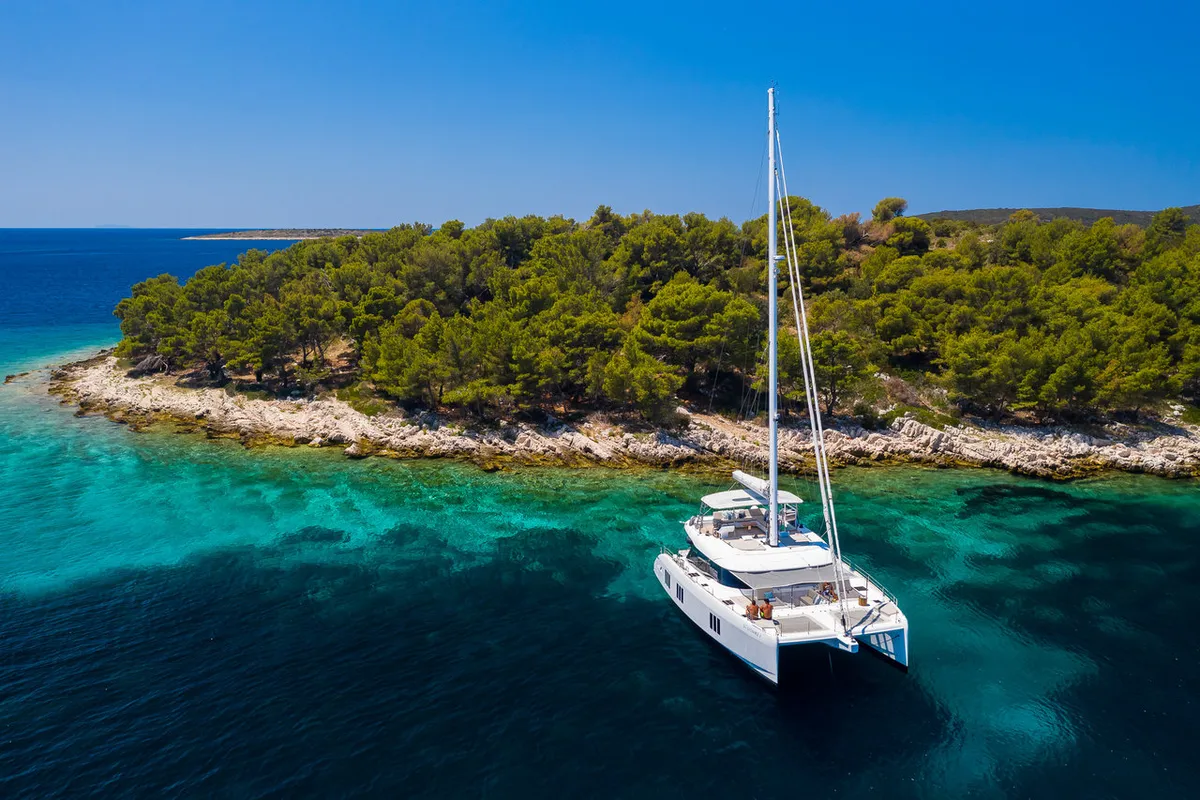 Exterior view of Solitaire, a Sunreef 50 catamaran at Grad Kaštela, Croatia