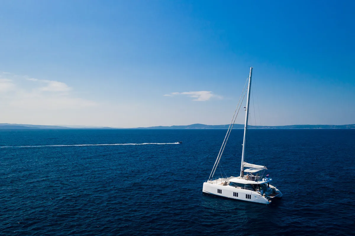 Exterior view of Solitaire, a Sunreef 50 catamaran at Grad Kaštela, Croatia