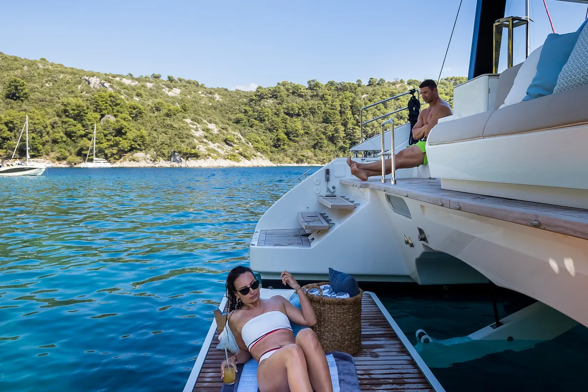 Deck of Solitaire, a Sunreef 50 catamaran at Grad Kaštela, Croatia