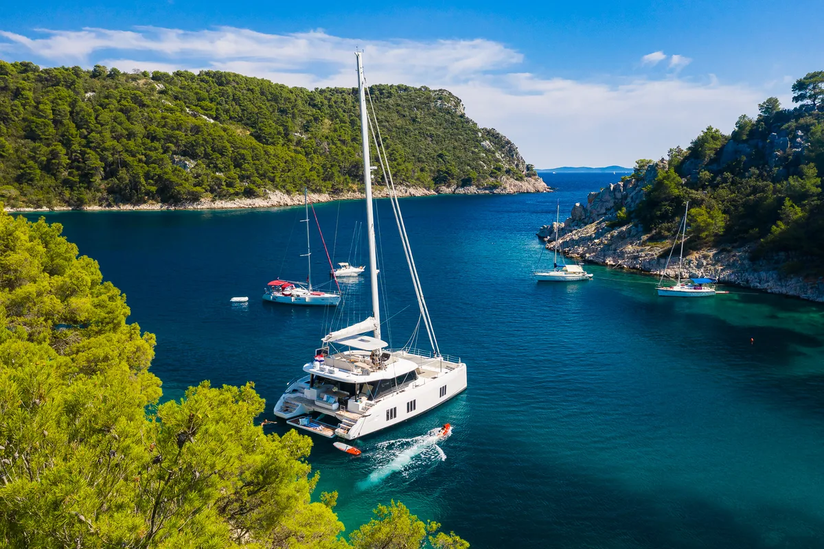 Exterior view of Solitaire, a Sunreef 50 catamaran at Grad Kaštela, Croatia