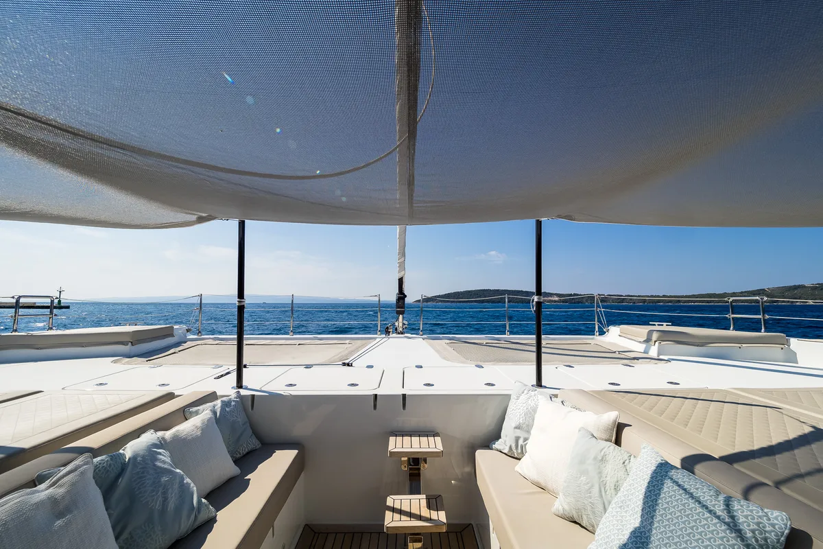 Deck of Solitaire, a Sunreef 50 catamaran at Grad Kaštela, Croatia