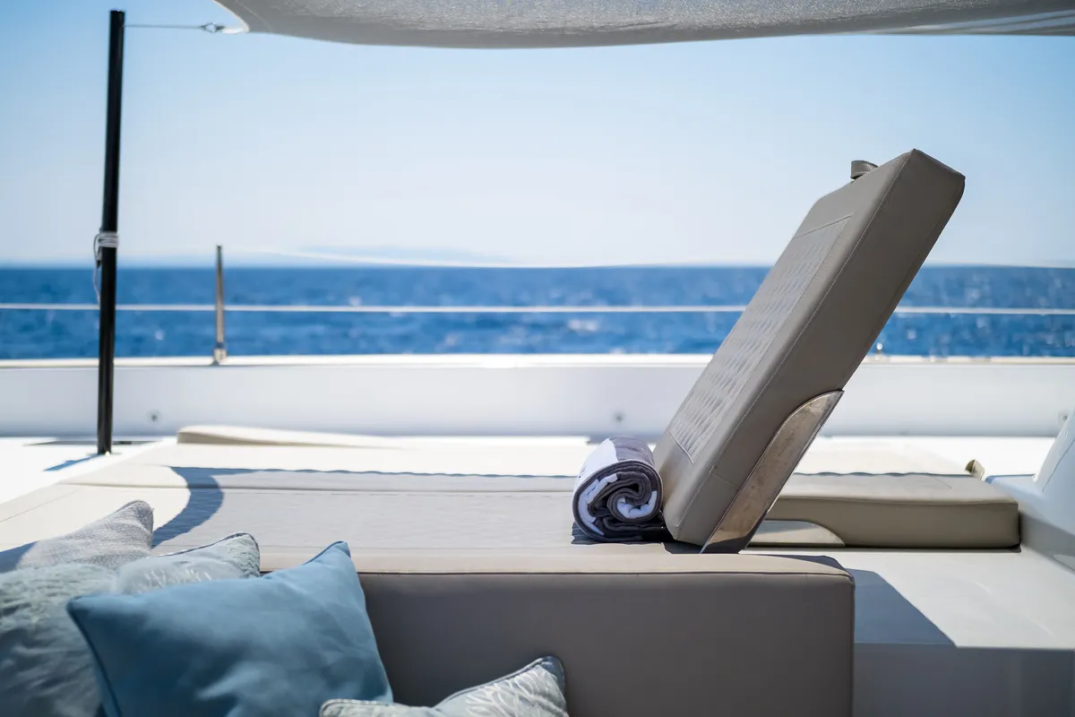 Deck of Solitaire, a Sunreef 50 catamaran at Grad Kaštela, Croatia