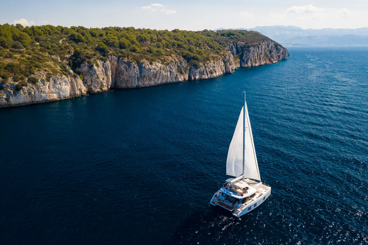 Exterior view of Solitaire, a Sunreef 50 catamaran at Grad Kaštela, Croatia