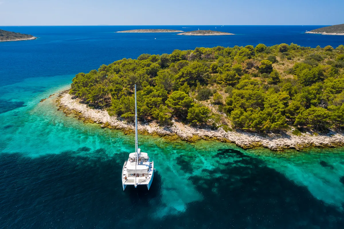 Exterior view of Solitaire, a Sunreef 50 catamaran at Grad Kaštela, Croatia