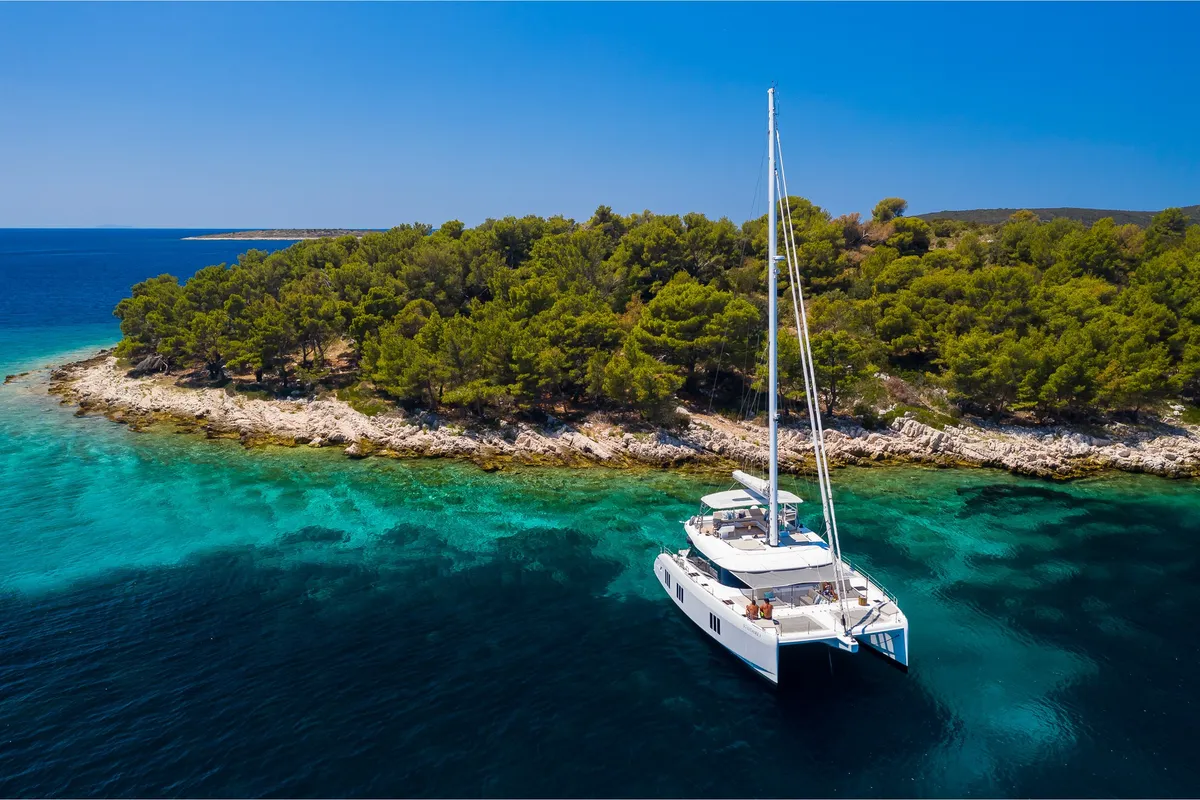 Exterior view of Solitaire, a Sunreef 50 catamaran at Grad Kaštela, Croatia