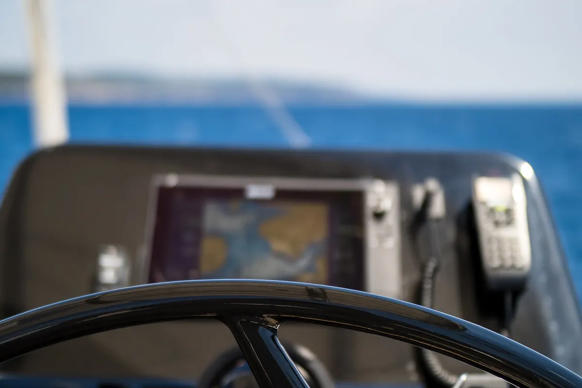 Cockpit of Solitaire, a Sunreef 50 catamaran at Grad Kaštela, Croatia