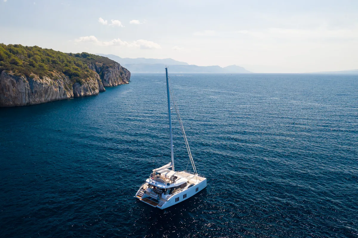 Exterior view of Solitaire, a Sunreef 50 catamaran at Grad Kaštela, Croatia