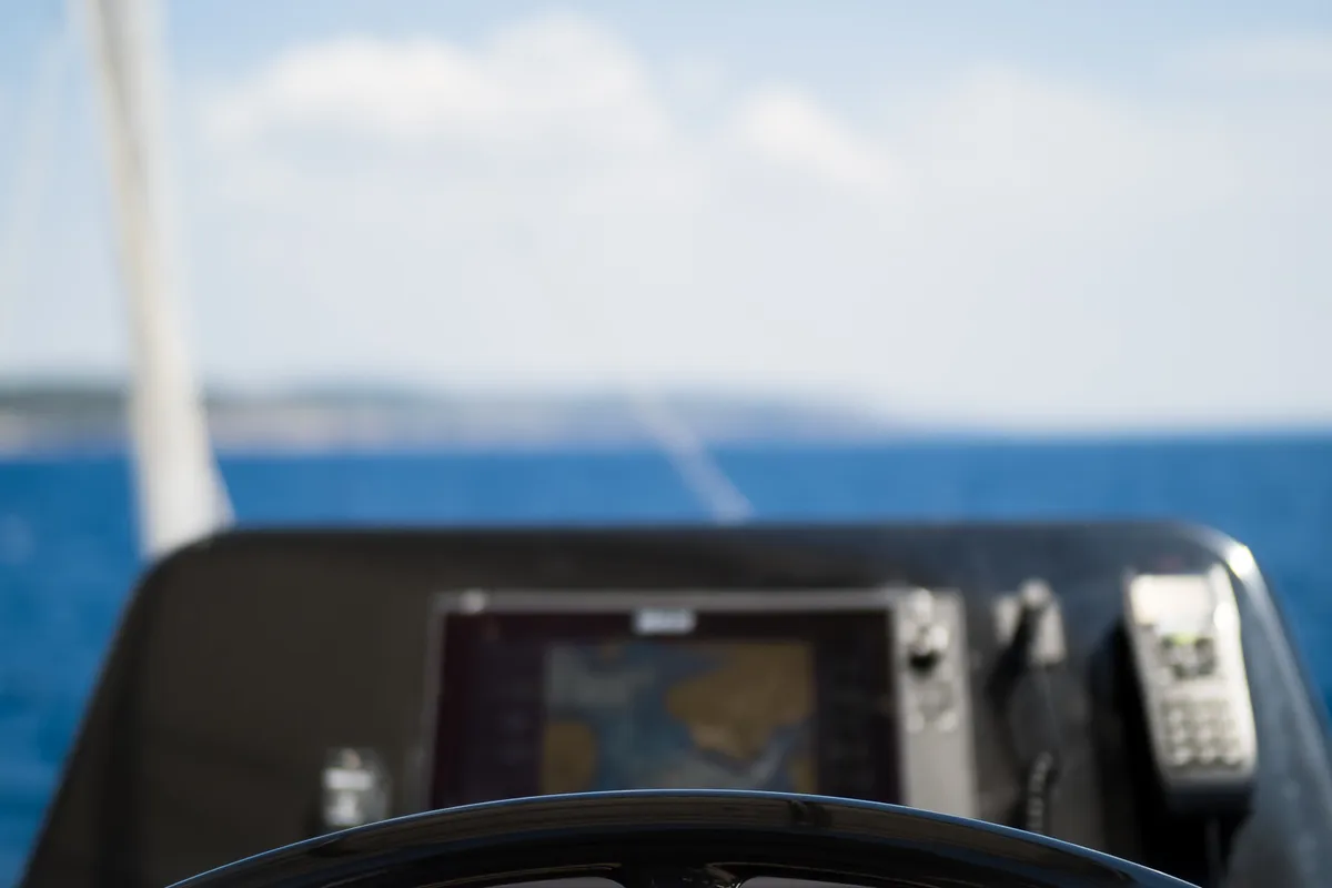 Cockpit of Solitaire, a Sunreef 50 catamaran at Grad Kaštela, Croatia