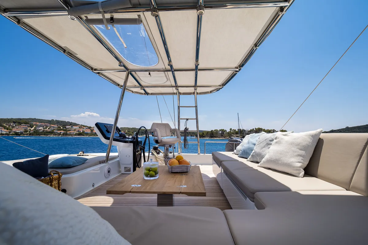 Deck of Solitaire, a Sunreef 50 catamaran at Grad Kaštela, Croatia
