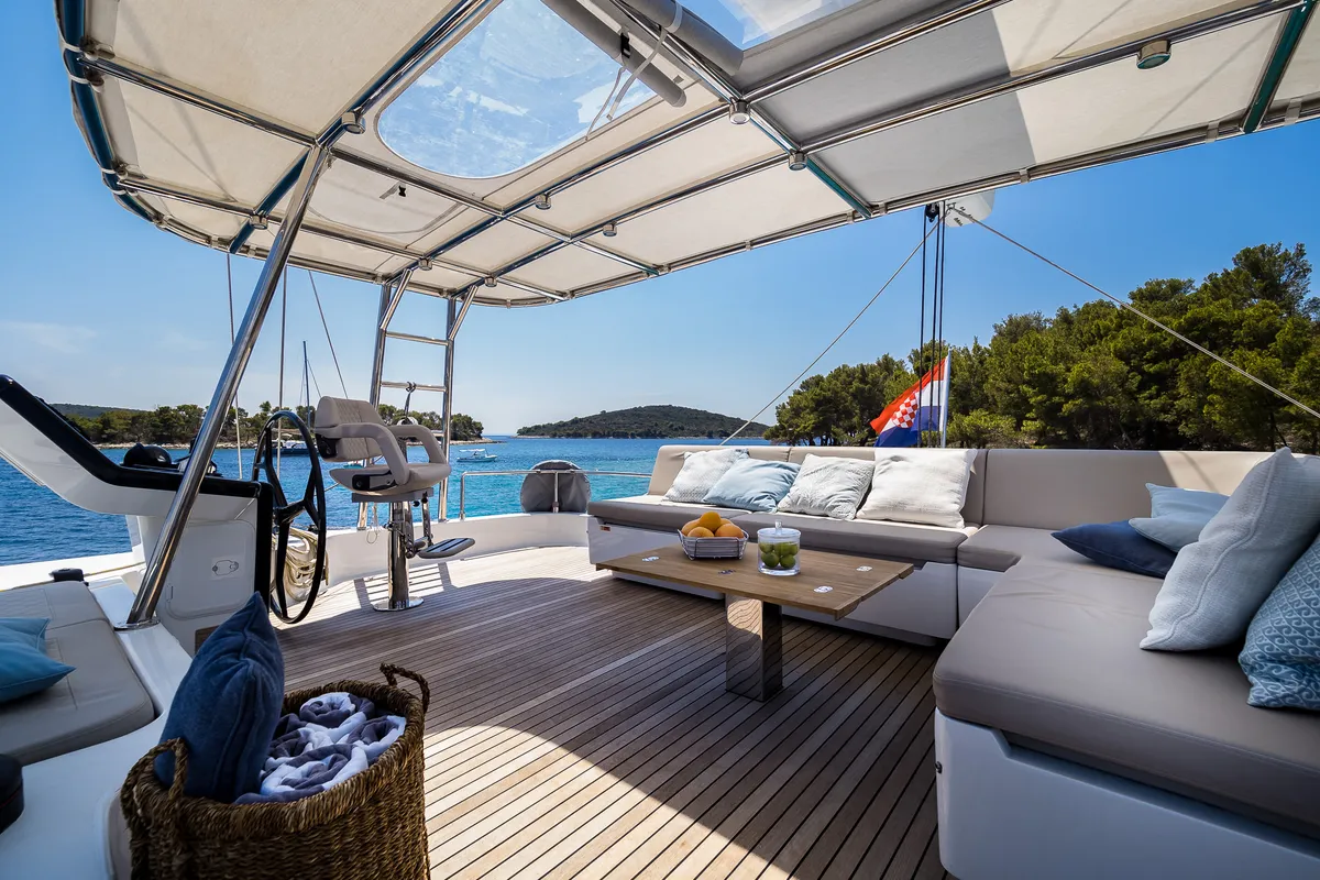 Deck of Solitaire, a Sunreef 50 catamaran at Grad Kaštela, Croatia