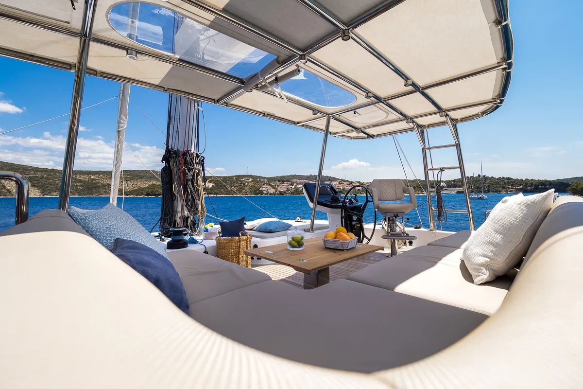 Deck of Solitaire, a Sunreef 50 catamaran at Grad Kaštela, Croatia