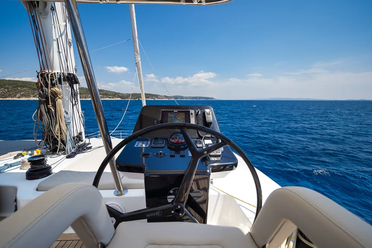 Cockpit of Solitaire, a Sunreef 50 catamaran at Grad Kaštela, Croatia