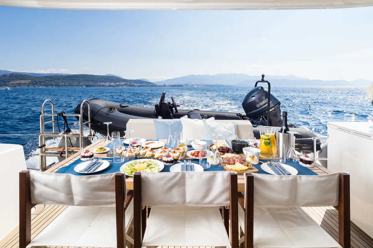 Deck of Solitaire, a Sunreef 50 catamaran at Grad Kaštela, Croatia