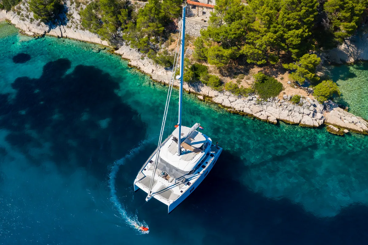 Exterior view of Solitaire, a Sunreef 50 catamaran at Grad Kaštela, Croatia