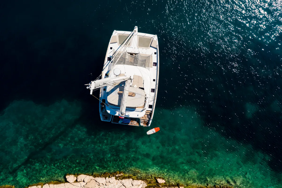 Exterior view of Solitaire, a Sunreef 50 catamaran at Grad Kaštela, Croatia