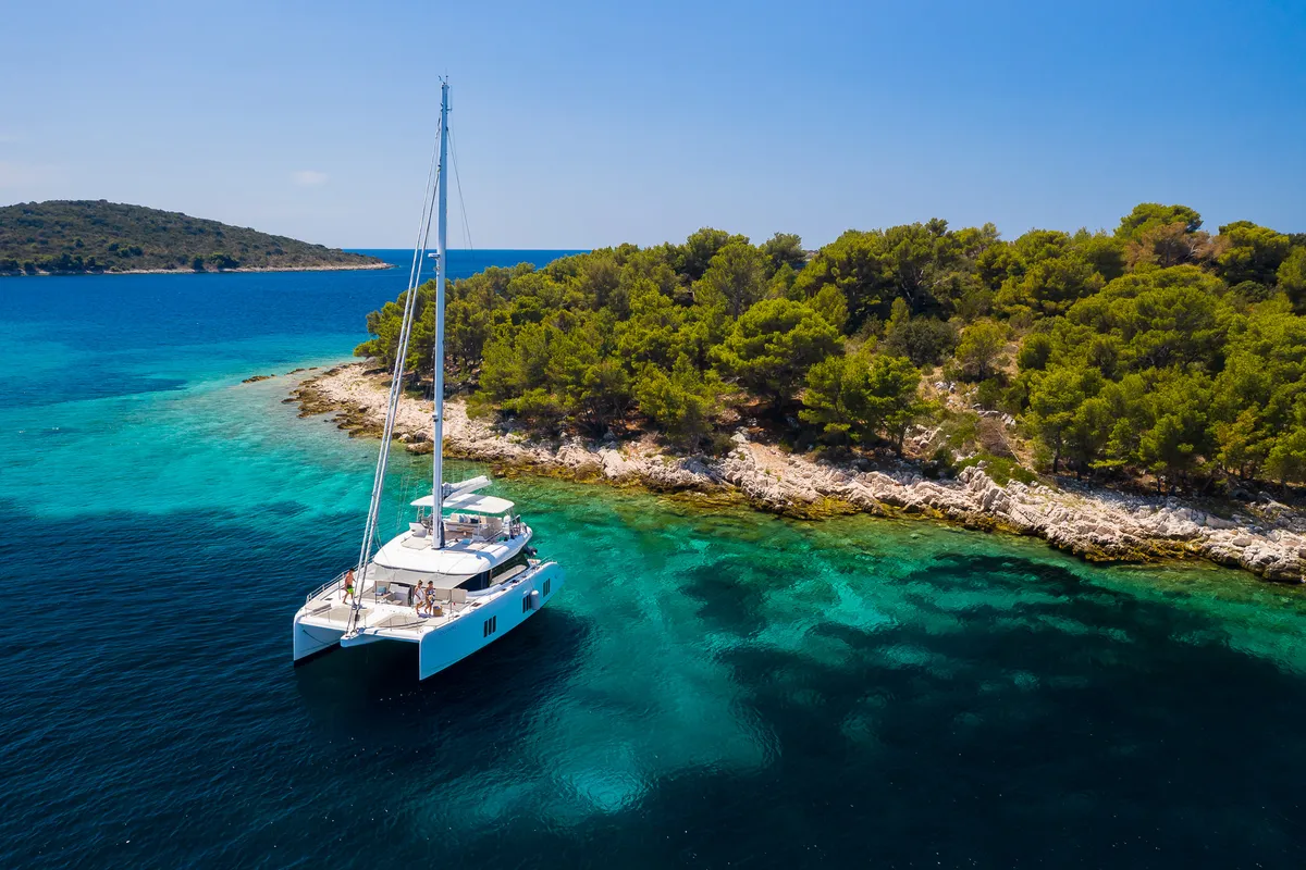 Exterior view of Solitaire, a Sunreef 50 catamaran at Grad Kaštela, Croatia