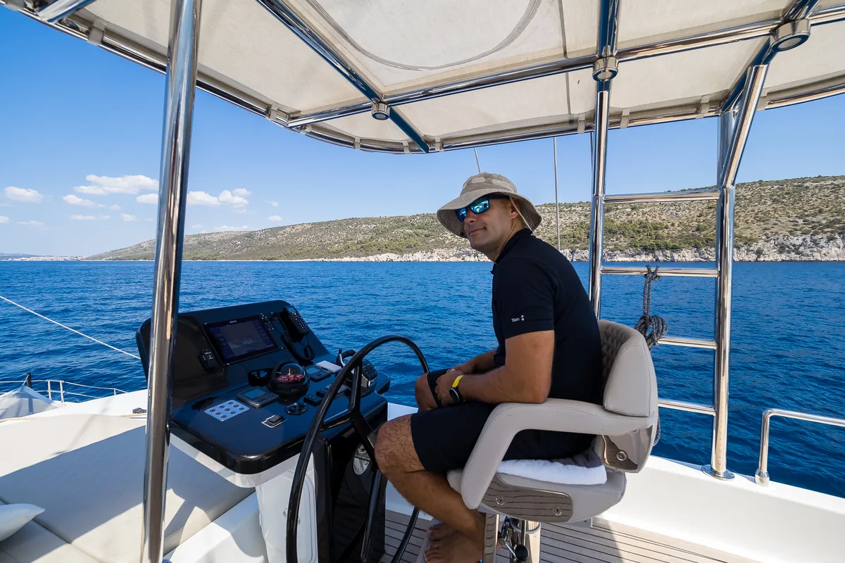 Cockpit of Solitaire, a Sunreef 50 catamaran at Grad Kaštela, Croatia