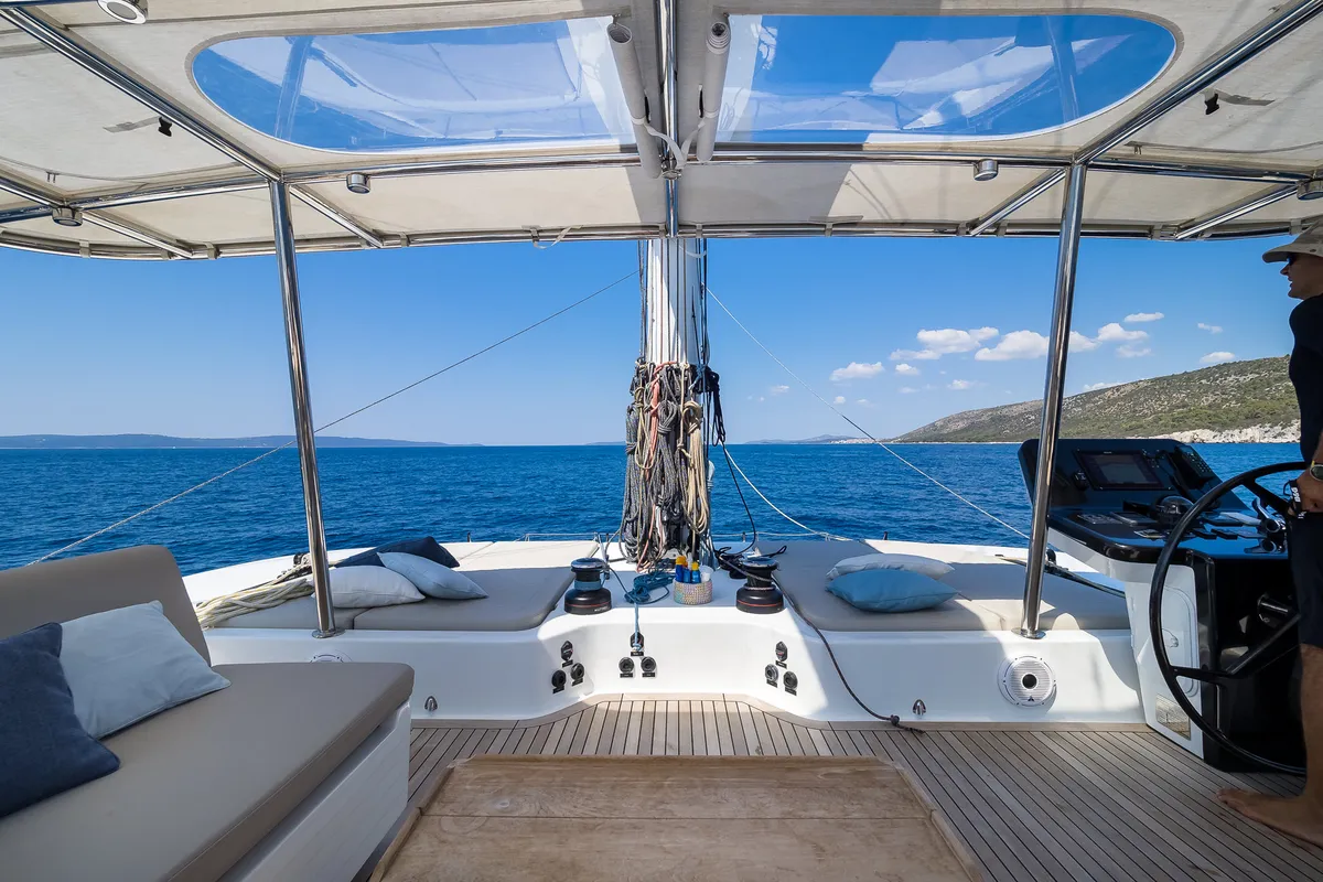 Deck of Solitaire, a Sunreef 50 catamaran at Grad Kaštela, Croatia