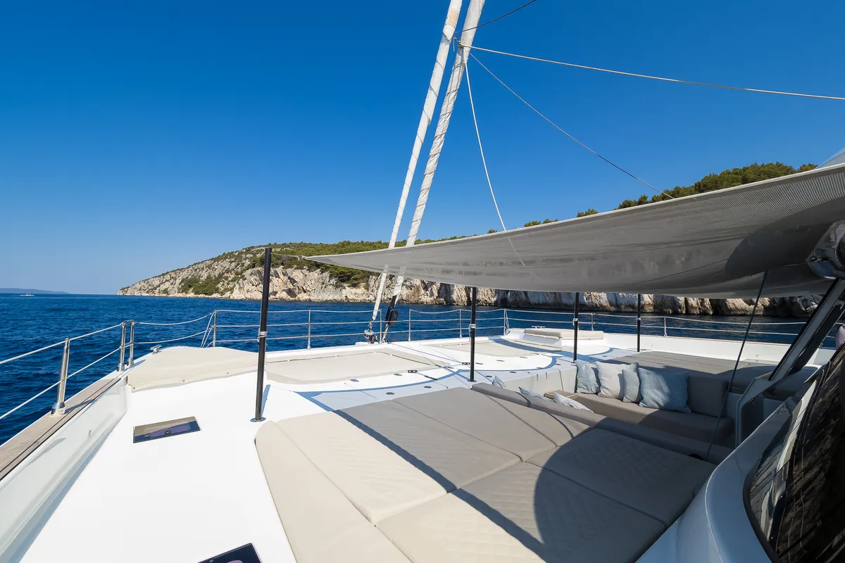 Deck of Solitaire, a Sunreef 50 catamaran at Grad Kaštela, Croatia