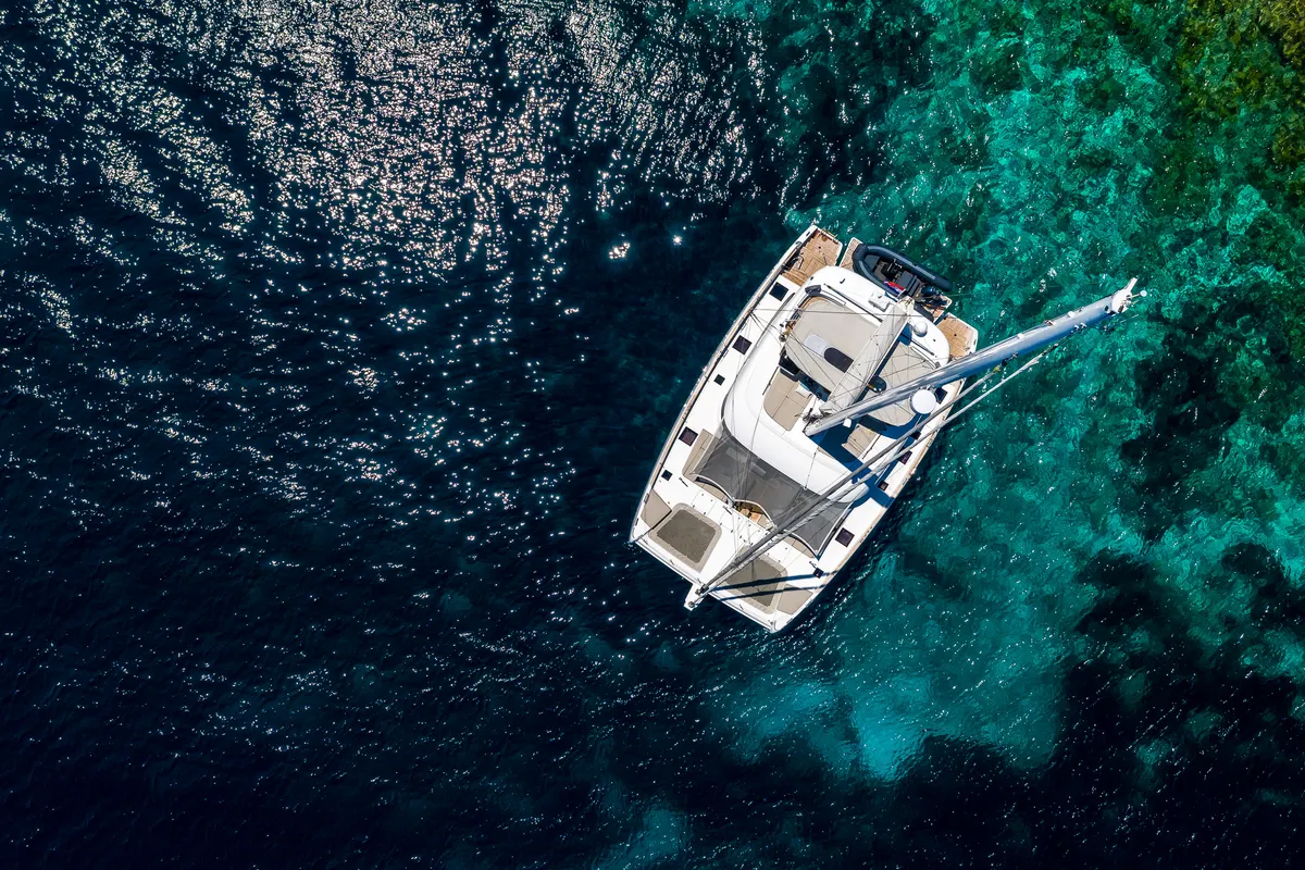 Exterior view of Solitaire, a Sunreef 50 catamaran at Grad Kaštela, Croatia