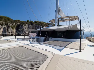Deck of Solitaire, a Sunreef 50 catamaran at Grad Kaštela, Croatia