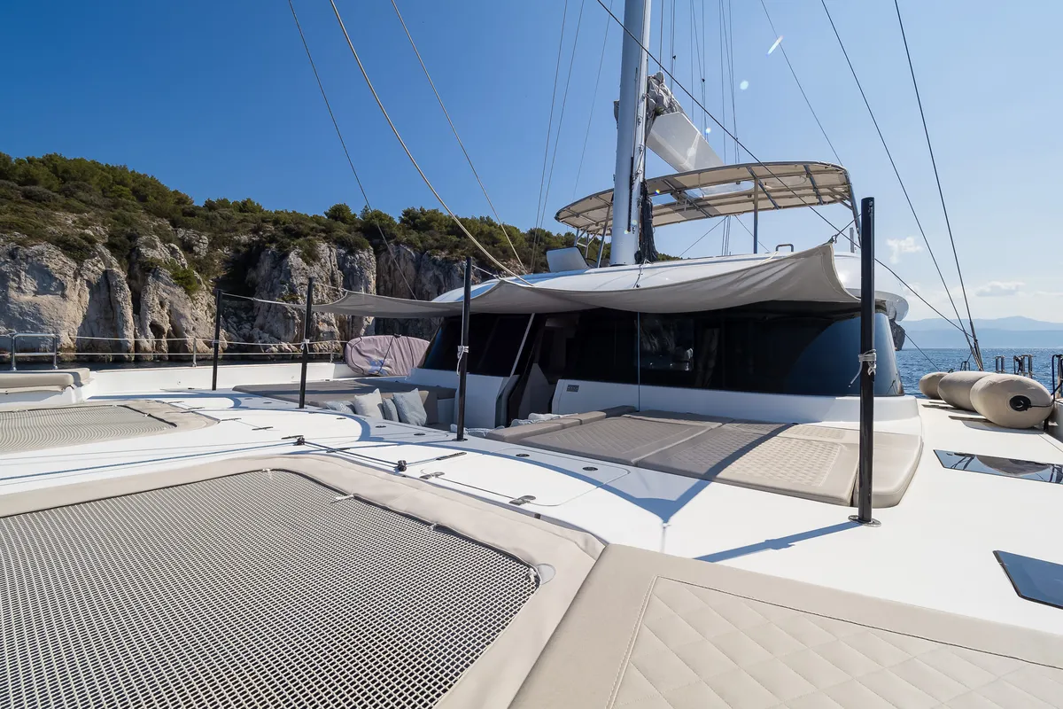 Deck of Solitaire, a Sunreef 50 catamaran at Grad Kaštela, Croatia