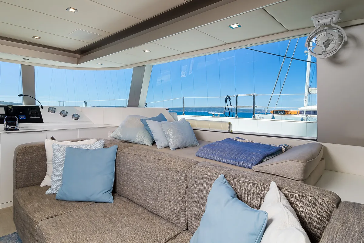 Salon of Solitaire, a Sunreef 50 catamaran at Grad Kaštela, Croatia